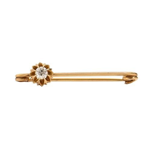 89 - A diamond brooch,  the old cut diamond mounted in gold, on associated gold safety pin, 44mm l, ... 