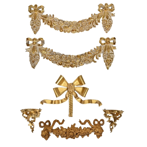 892 - A pair of pierced and carved giltwood wall brackets, 17cm h, and various antique-style giltwood and ... 