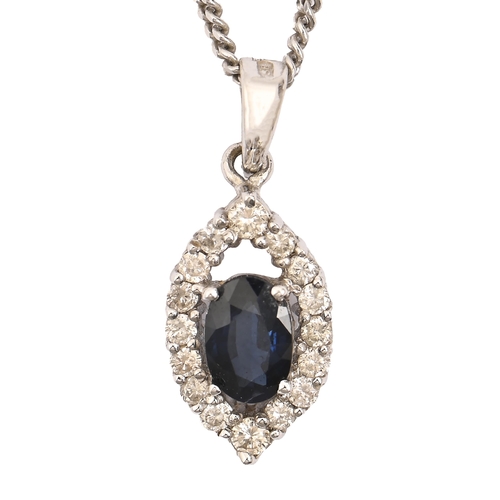 90 - A sapphire and diamond navette shaped pendant, in 18ct white gold, 13mm h, on 18ct white gold neckle... 