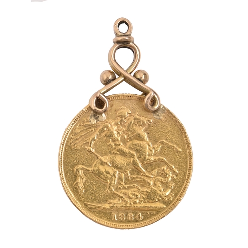 91 - Gold coin.  Sovereign 1884,  mounted as a gold pendant, 9g... 