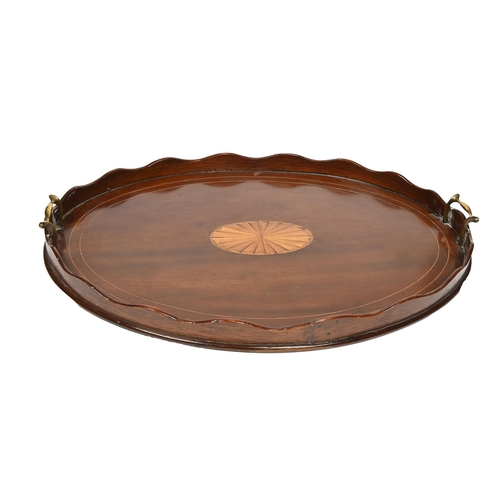 918 - A Victorian inlaid mahogany gallery tray with brass handles, 61cm w