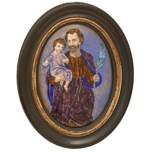 929 - A Limoges enamel plaque of Joseph and Jesus, 20th c, ebonised frame, 20cm x 14cm