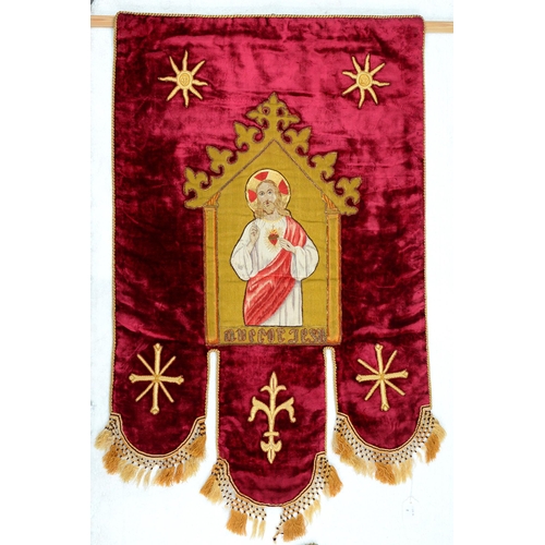 929A - Ecclesiastical embroideries. Two velvet, satin, silk and cotton shield shaped banners, early 20th c,... 