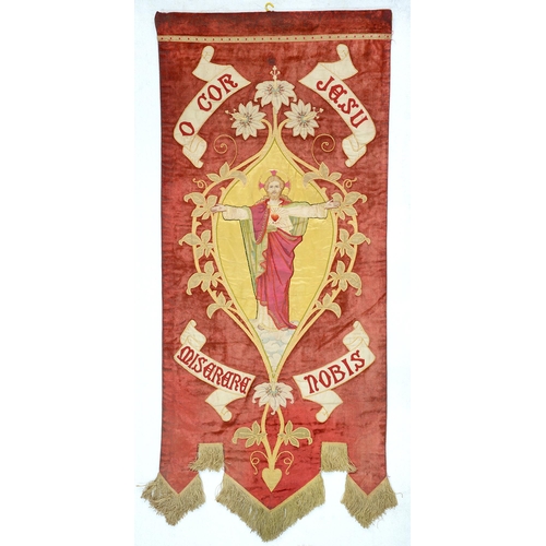 929A - Ecclesiastical embroideries. Two velvet, satin, silk and cotton shield shaped banners, early 20th c,... 