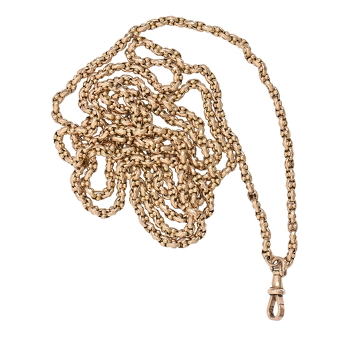 93 - A gold muff chain, c1900,  150cm l, marked 9ct, 44.3g