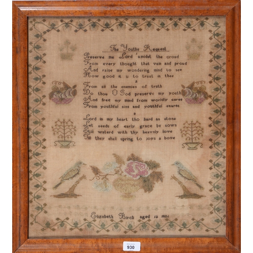 930 - A George IV linen sampler, Elizabeth Birch aged 12, 1826, with birds and baskets, trees and verse, T... 