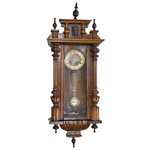 942 - A walnut Vienna wall clock, c.1900, with gridiron pendulum and weights, 90cm h