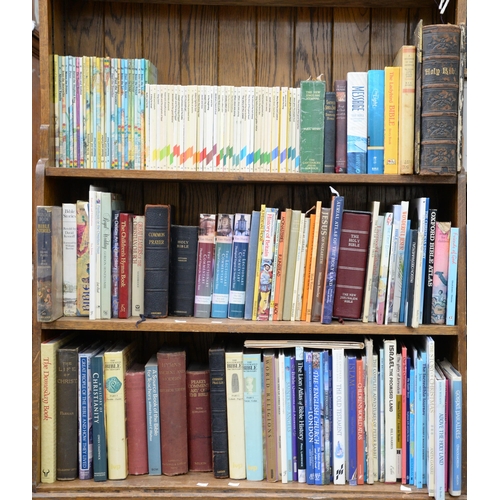 990 - Books. Nine shelves of general stock, late 19th c and later, including Bibles, theology, devotionals... 