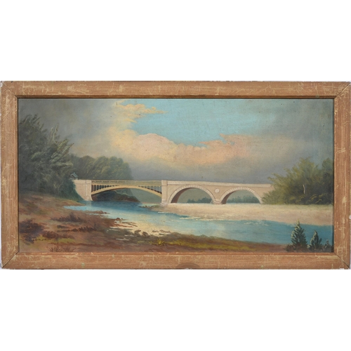 998 - I. Thomson, 19th c - Bridged River, signed, oil on canvas, 29.5 x 60cm