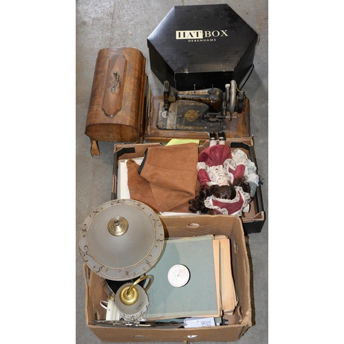 1402 - A cased sewing machine, and other miscellaneous items including dolls, jazz records, and a ladies ha... 