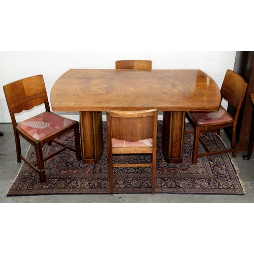 1282 - An Art Deco walnut dining table and set of four contemporary chairs, c1935,   table 7... 