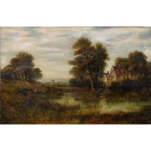 1016 - English School, 19th / early 20th century - Wooded River Scene with Fishermen, signed Mellins, oil o... 