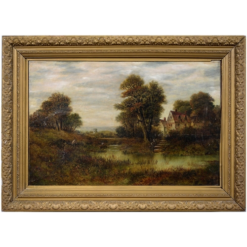 1016 - English School, 19th / early 20th century - Wooded River Scene with Fishermen, signed Mellins, oil o... 