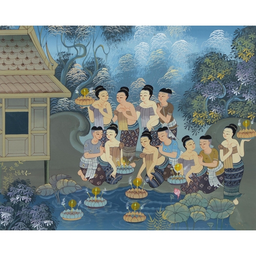 1022 - Thai School - Loy Krathong Festival, indistinctly signed, gouache on paper, 40 x 49cm... 