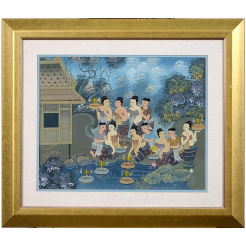 1022 - Thai School - Loy Krathong Festival, indistinctly signed, gouache on paper, 40 x 49cm... 