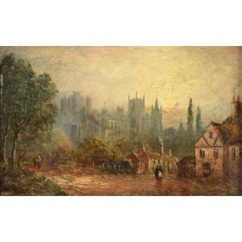 1025 - Thomas Cooper Moore (1827-1901) - Sunset near a Cathedral, signed oil on artists' board, 15cm x 23cm... 