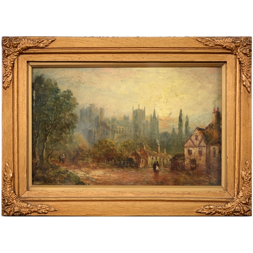 1025 - Thomas Cooper Moore (1827-1901) - Sunset near a Cathedral, signed oil on artists' board, 15cm x 23cm... 