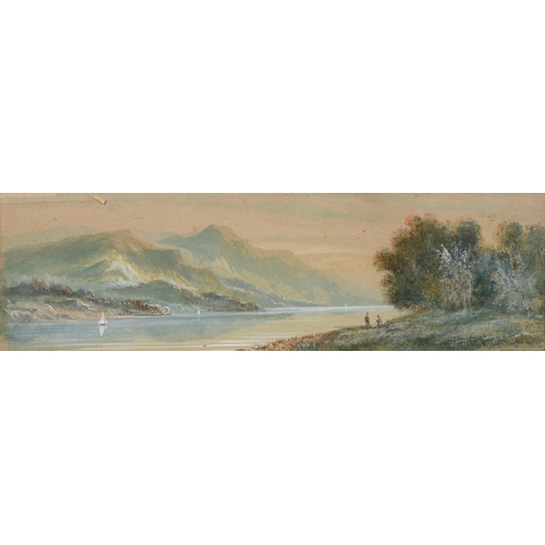 1035A - English School - Figures by a Lake, indistinctly signed... Hewitt watercolour, 12.5cm x 42.5cm... 