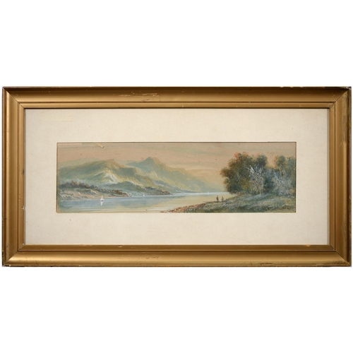 1035A - English School - Figures by a Lake, indistinctly signed... Hewitt watercolour, 12.5cm x 42.5cm... 