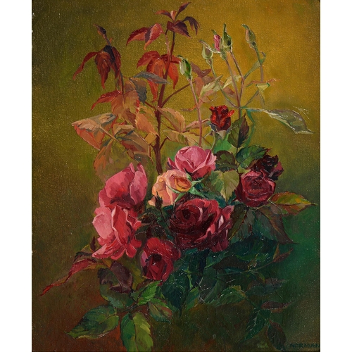 1049 - Bertie Norman, 20th century - Roses, signed oil, on board 43.5cm x 35.5cm