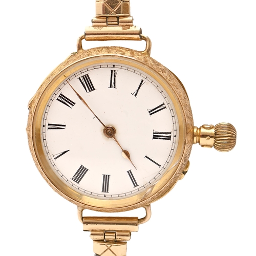 105 - A Swiss 18ct gold keyless cylinder lady's watch, c1900, in engraved case, with gold cuvette, 33mm di... 