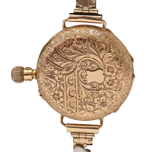 105 - A Swiss 18ct gold keyless cylinder lady's watch, c1900, in engraved case, with gold cuvette, 33mm di... 