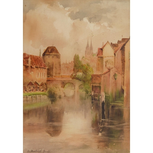 1051 - Louis Burleigh Bruhl (1861-1942) - A Northern European town from the River, signed, watercolour, 46.... 