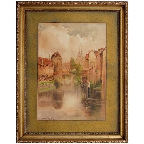 1051 - Louis Burleigh Bruhl (1861-1942) - A Northern European town from the River, signed, watercolour, 46.... 