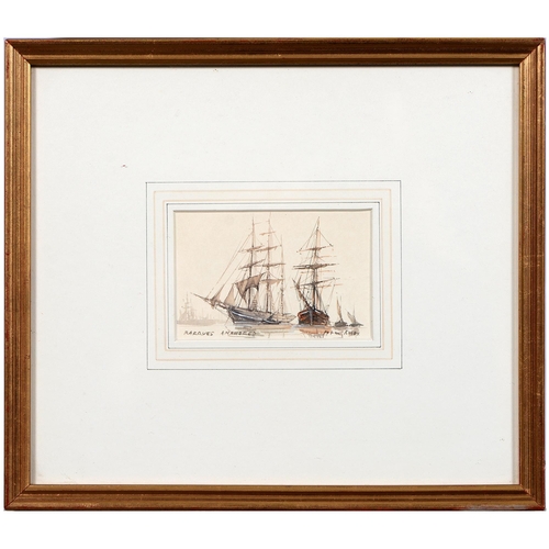 1059 - Paul Knox, 20th c - Barques Anchored; Docks, a pair, signed, watercolours, 7.5 x 11.5cm, a late 19th... 