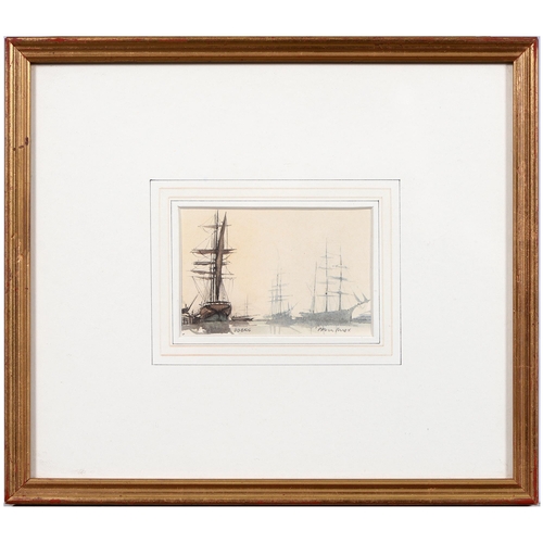 1059 - Paul Knox, 20th c - Barques Anchored; Docks, a pair, signed, watercolours, 7.5 x 11.5cm, a late 19th... 