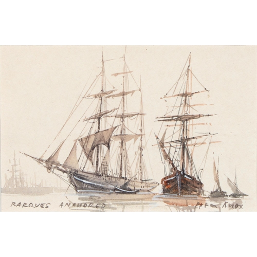 1059 - Paul Knox, 20th c - Barques Anchored; Docks, a pair, signed, watercolours, 7.5 x 11.5cm, a late 19th... 