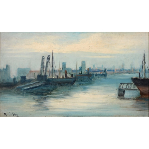 1061 - H Cubley, early 20th century - River Scene, signed, oil on board, 23cm x 41cm