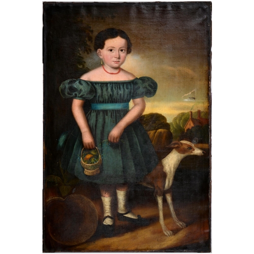 1066 - English naive artist, 19th century - Portrait of a Child, full length with a dog, holding a basket o... 