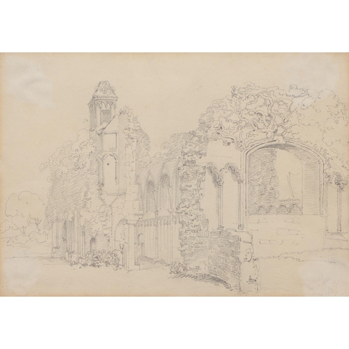 1070 - Follower of Thomas Tudor - Ruins of Glastonbury Abbey, Somerset, pencil sketch on paper, 17.5 x 27.5... 