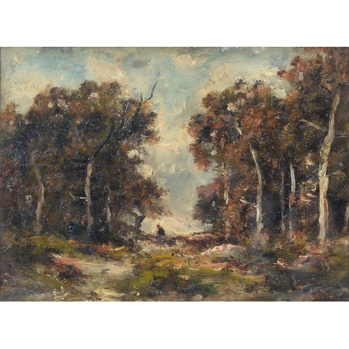 1076 - English School, 19th century - Landscape with Figure and Silver Birches, bears signature, oil on pan... 