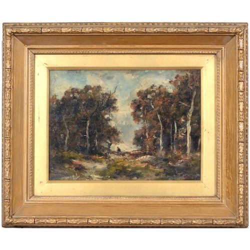 1076 - English School, 19th century - Landscape with Figure and Silver Birches, bears signature, oil on pan... 