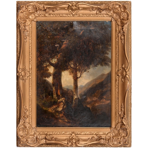 1076 - English School, 19th century - Landscape with Figure and Silver Birches, bears signature, oil on pan... 