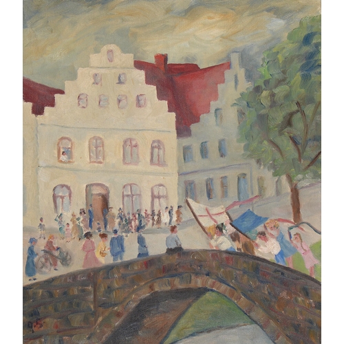 1079 - Gerty Simon (1887-1970) - Procession in a Town, signed with initials, oil on canvas, 48.5 x 42cm... 