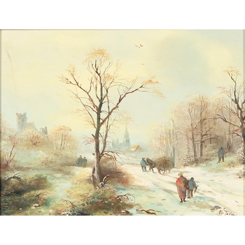 1083 - Abe Tadema, 20th c - Dutch Winter Scene, oil on mahogany panel, 19.5 x 24cm