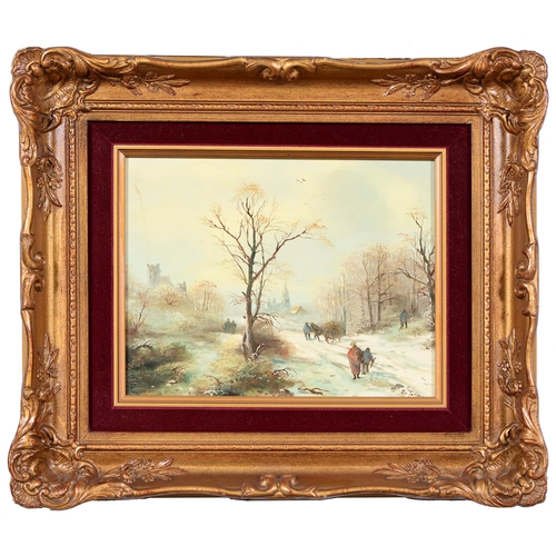 1083 - Abe Tadema, 20th c - Dutch Winter Scene, oil on mahogany panel, 19.5 x 24cm