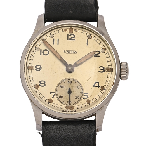 112 - A World War II British Army issue Unitas stainless steel wristwatch,  marked on case back broad arro... 