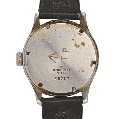 112 - A World War II British Army issue Unitas stainless steel wristwatch,  marked on case back broad arro... 