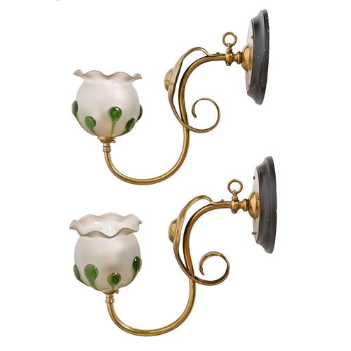 1126A - A pair of English art noveau swan neck gas wall lights, circa 1900, converted to electricity with la... 