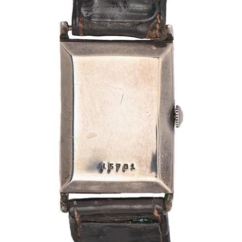 113 - A rectangular silver gentleman’s wristwatch, 25 x 32mm, import marked London 1929... 