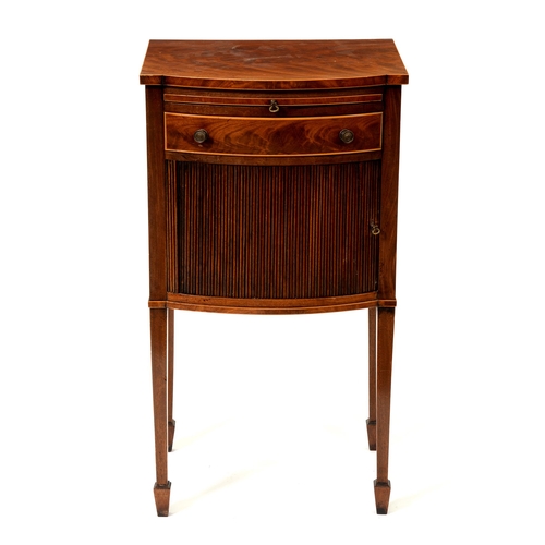 1167 - An Edwardian bow centred mahogany and line inlaid pot cupboard, enclosed by a tambour shutter, with ... 