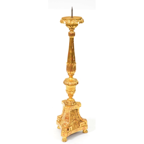 1168 - A giltwood altar candlestick, possibly 19th c, in Italian Baroque style, 97cm h excluding spike... 