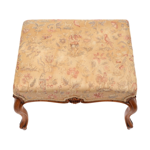 1174 - A Victorian walnut stool, on cabriole legs, bearing the old handwritten label 