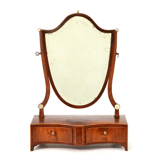 1180 - A George III mahogany and line inlaid shield shaped dressing mirror, on covetto base, with drawers, ... 