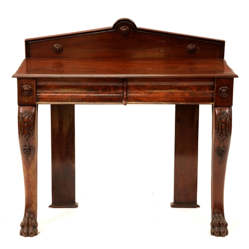 1184 - A Victorian mahogany console table, fitted with two cavetto drawers, on carved scrolling forelegs, 1... 