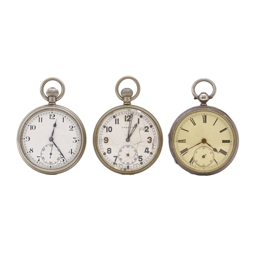 120 - A silver lever watch and two nickel-plated keyless lever British military-issue watches (Survey boat... 